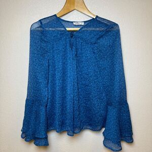 Hollister Womens L Y2K Peasant Top Boho Whimsy Fairy Blue Sheer Bell Sleeve